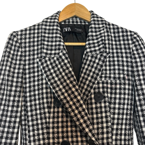 ZARA Black White Gingham Double Breasted Blazer Small Structured Cotton Jacket - Picture 6 of 10